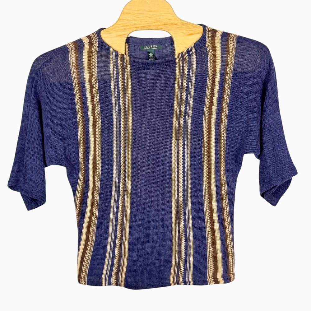 Vintage Lauren Ralph Lauren Womens M Blue Brown Striped Linen Knit Shirt Boho